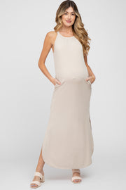 Beige Ribbed Halter Neck Round Hem Maternity Maxi Dress