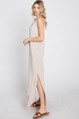 Beige Ribbed Halter Neck Round Hem Maxi Dress