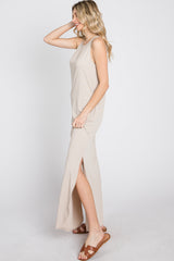 Beige Ribbed Halter Neck Round Hem Maxi Dress