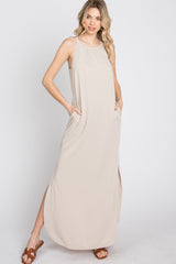 Beige Ribbed Halter Neck Round Hem Maxi Dress