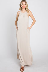 Beige Ribbed Halter Neck Round Hem Maxi Dress