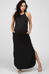 Black Ribbed Halter Neck Round Hem Maternity Maxi Dress