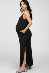 Black Ribbed Halter Neck Round Hem Maternity Maxi Dress