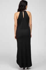 Black Ribbed Halter Neck Round Hem Maternity Maxi Dress