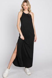 Black Ribbed Halter Neck Round Hem Maxi Dress