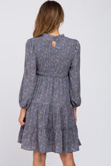 Blue Floral Shirred Mock Neck Dress