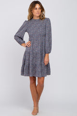 Blue Floral Shirred Mock Neck Dress