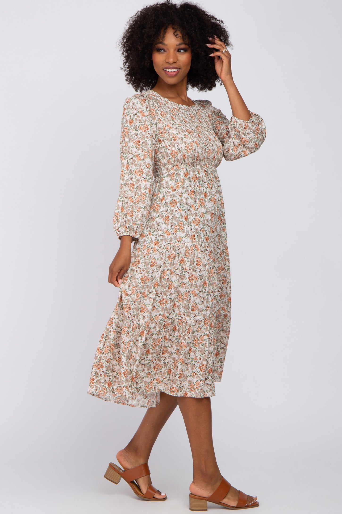 Cream Floral Smocked 3/4 Sleeve Midi Dress – PinkBlush