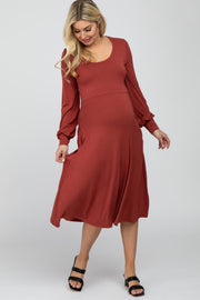 Rust Bubble Sleeve Maternity Midi Dress