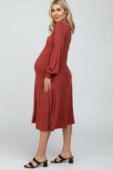 Rust Bubble Sleeve Maternity Midi Dress