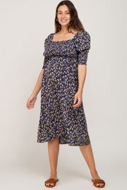 Navy Floral Smocked Maternity Midi Dress