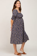 Navy Floral Smocked Maternity Midi Dress