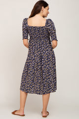 Navy Floral Smocked Maternity Midi Dress