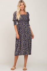 Navy Floral Smocked Midi Dress