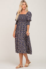 Navy Floral Smocked Midi Dress