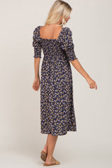 Navy Floral Smocked Midi Dress