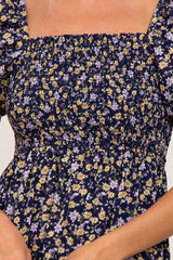 Navy Floral Smocked Midi Dress