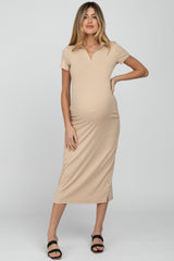 Beige Ribbed Collared Fitted Maternity Midi Dress