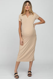 Beige Ribbed Collared Fitted Maternity Midi Dress