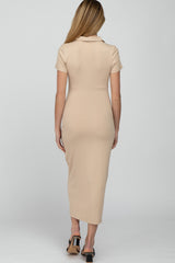 Beige Ribbed Collared Fitted Maternity Midi Dress