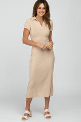 Beige Ribbed Collared Fitted Maternity Midi Dress