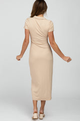 Beige Ribbed Collared Fitted Midi Dress