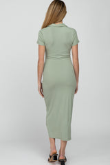 Mint Green Ribbed Collared Fitted Maternity Midi Dress