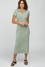 Mint Green Ribbed Collared Fitted Midi Dress