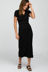 Black Ribbed Collared Fitted Maternity Midi Dress