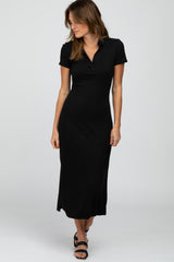 Black Ribbed Collared Fitted Midi Dress