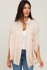 Taupe Button Up Collared Fringe Hem Top