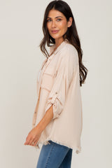 Taupe Button Up Collared Fringe Hem Top