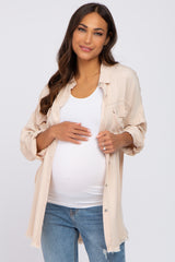 Taupe Button Up Collared Fringe Hem Maternity Top