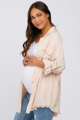 Taupe Button Up Collared Fringe Hem Maternity Top