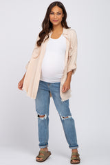 Taupe Button Up Collared Fringe Hem Maternity Top