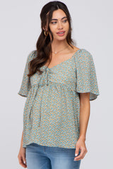 Ivory Printed Sweetheart Front Tie Maternity Top