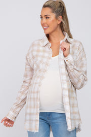 Beige Linen Plaid Button Down Maternity Top