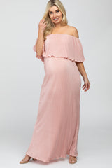 Pink Pleated Ruffle Off Shoulder Maternity Maxi Dress