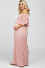 Pink Pleated Ruffle Off Shoulder Maternity Maxi Dress