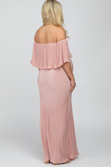 Pink Pleated Ruffle Off Shoulder Maternity Maxi Dress