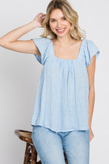 Light Blue Gauze Square Neck Flutter Sleeve Top