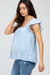 Light Blue Gauze Square Neck Flutter Sleeve Maternity Top