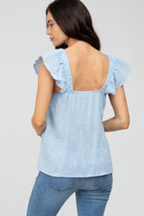 Light Blue Gauze Square Neck Flutter Sleeve Maternity Top