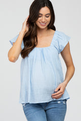 Light Blue Gauze Square Neck Flutter Sleeve Maternity Top