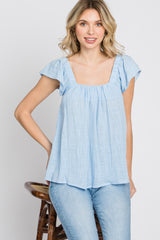 Light Blue Gauze Square Neck Flutter Sleeve Top