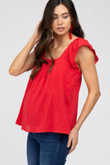 Red Gauze Square Neck Flutter Sleeve Maternity Top