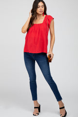 Red Gauze Square Neck Flutter Sleeve Maternity Top