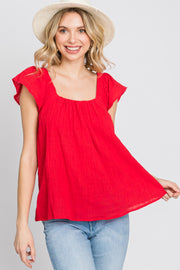 Red Gauze Square Neck Flutter Sleeve Top