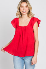 Red Gauze Square Neck Flutter Sleeve Top