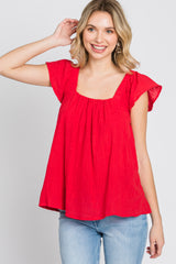 Red Gauze Square Neck Flutter Sleeve Top